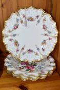 FOUR ROYAL CROWN DERBY WAVY RIMMED AND FLUTED CABINET PLATES, comprising two Royal Antoinette (one a