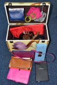 A MODERN DOME TOP STORAGE BOX CONTAINING - LADIES BELTS, PURSES, BAGS, COSTUME JEWELLERY, etc,