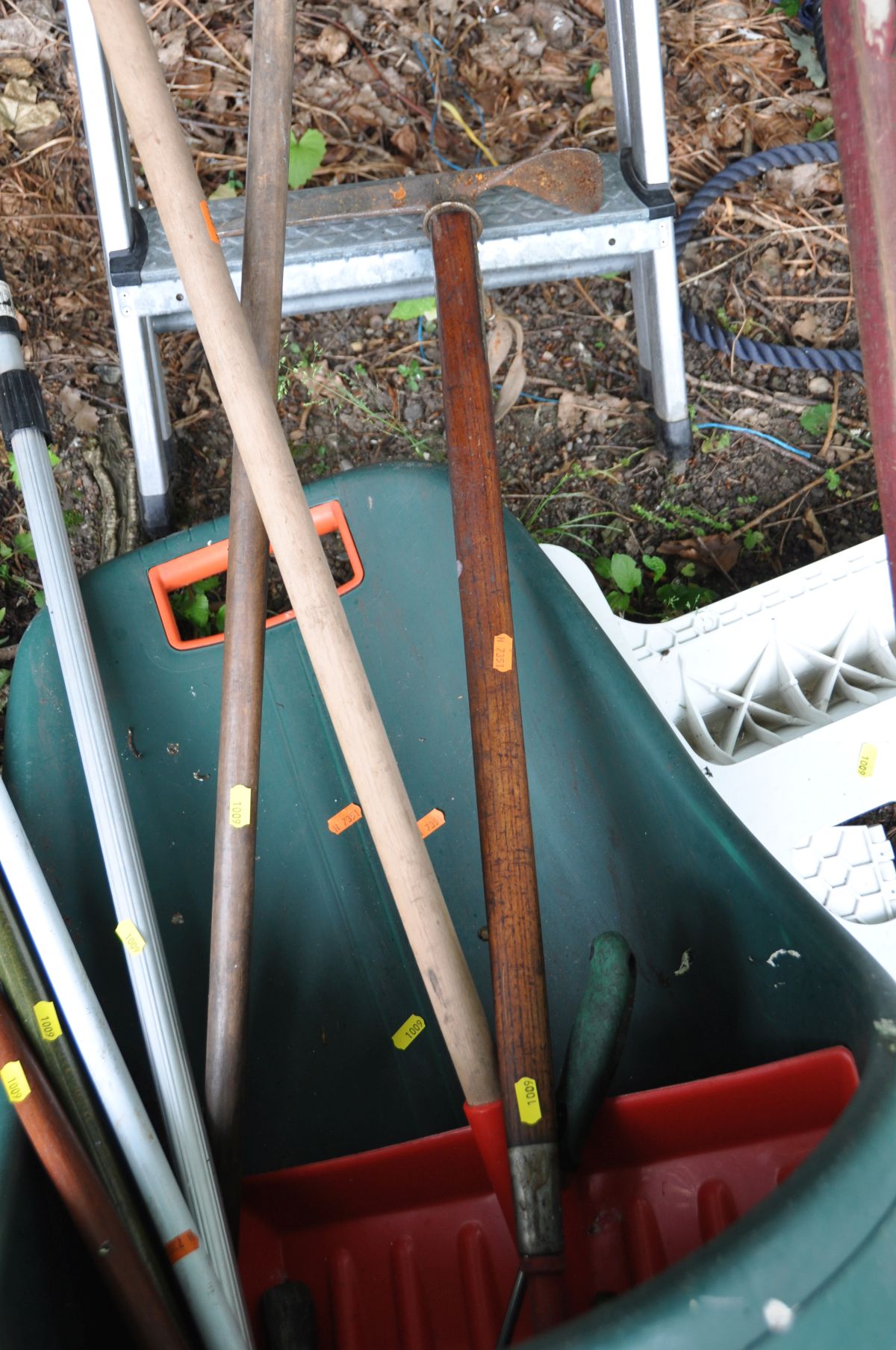 AN ALUMINIUM STEP LADDER, height 160cm and a selection of garden tools including a wheeled refuse - Image 2 of 2