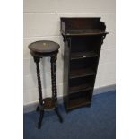 A SLIM EARLY 20TH CENTURY OAK OPEN BOOKCASE, width 48cm x depth 20cm x height 126cm and an oak