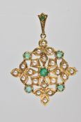A MODERN EMERALD AND SEED PEARL DIAMOND SHAPE FANCY PENDANT, measuring approximately 28.3mm in