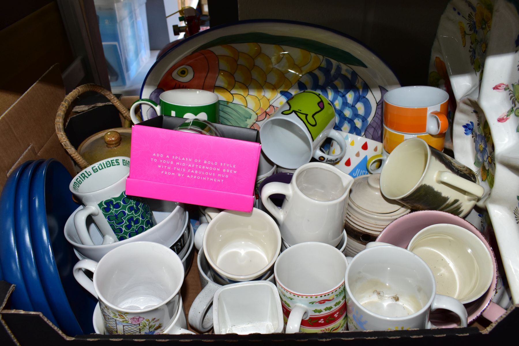 SEVEN BOXES AND LOOSE KITCHEN CROCKERY AND GLASSWARE, including mugs, kilner jars, storage jars, - Image 2 of 9