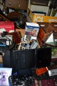 THREE BOXES AND LOOSE SUNDRY ITEMS, ETC, to include a Garmin Satnav with accessories, Apple Ipad 32G