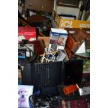 THREE BOXES AND LOOSE SUNDRY ITEMS, ETC, to include a Garmin Satnav with accessories, Apple Ipad 32G