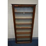 A LATE 19TH CENTURY MAHOGANY DISPLAY CASE, the single door enclosing six shelves, width 78cm x depth