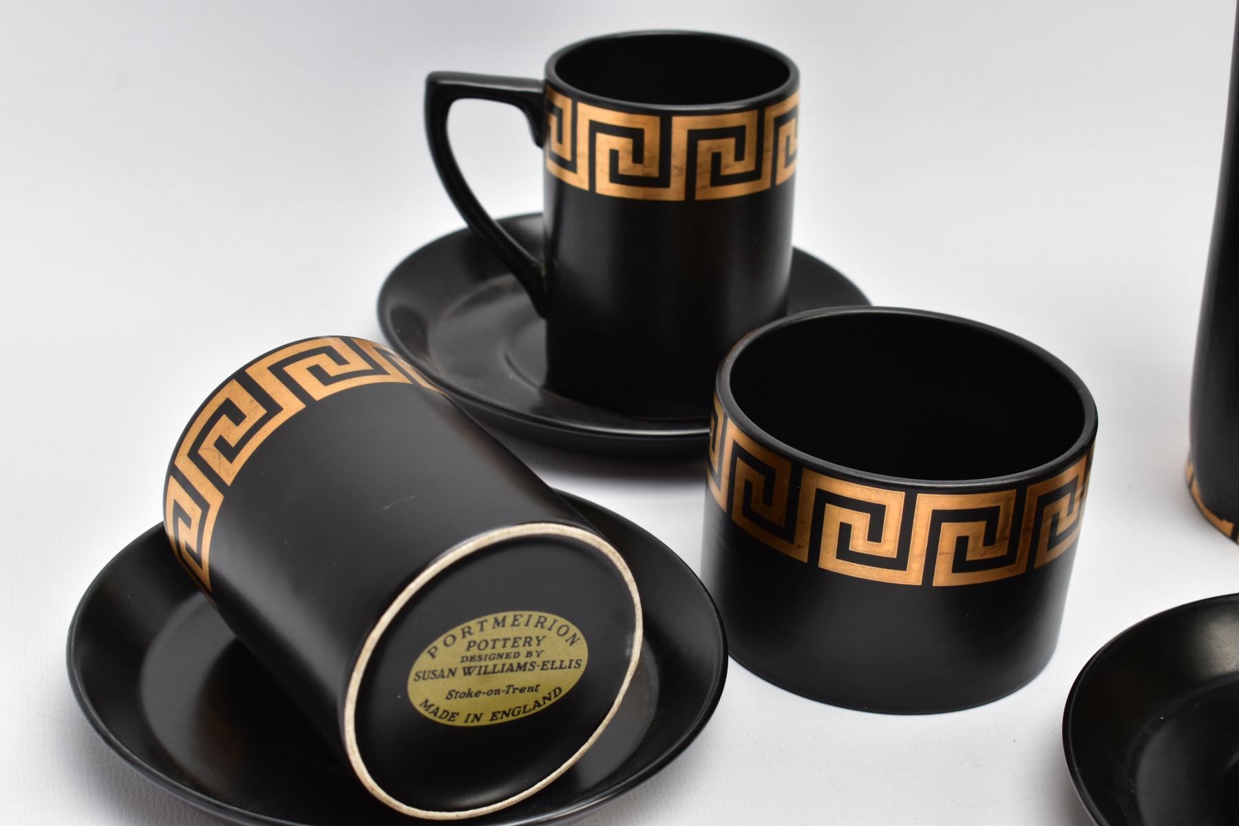 A PORTMEIRION COFFEE SET by Susan Williams-Ellis with gilt Greek key border decoration, on a black - Image 7 of 7