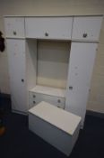 A STAG WHITE BEDROOM FITMENT comprising two single door wardrobes, and a blanket chest