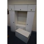 A STAG WHITE BEDROOM FITMENT comprising two single door wardrobes, and a blanket chest