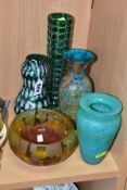 FIVE PIECES OF DECORATIVE ART GLASS, comprising a Kralik style double gourd vase, approximate height
