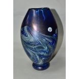 A DAVID WALLACE IRIDESCENT VASE OF FLATTENED OVOID FORM, full moon and waves design, flattened