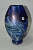 A DAVID WALLACE IRIDESCENT VASE OF FLATTENED OVOID FORM, full moon and waves design, flattened