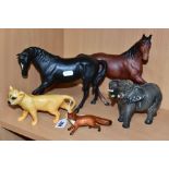 FIVE BESWICK ANIMALS, comprising Lion Cub No. 2098, two horses 'Black Beauty' No. 2466 and 'Spirit