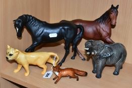 FIVE BESWICK ANIMALS, comprising Lion Cub No. 2098, two horses 'Black Beauty' No. 2466 and 'Spirit