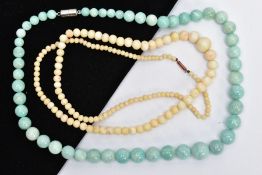 TWO GEM BEAD NECKLACES, both graduated necklaces, the first a dyed quartz bead necklace, the