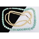 TWO GEM BEAD NECKLACES, both graduated necklaces, the first a dyed quartz bead necklace, the
