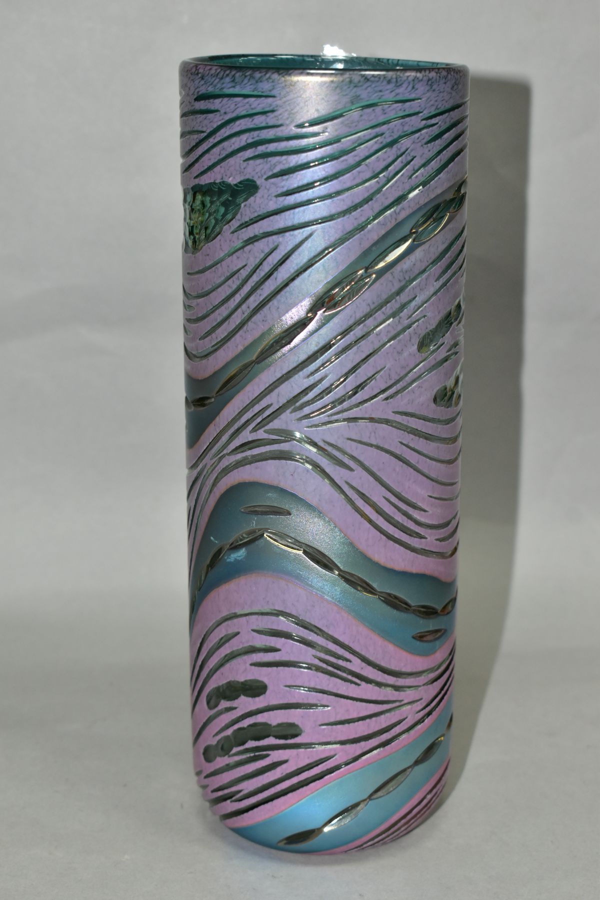 RICHARD GOLDING FOR OKRA GLASS, a cylindrical purple/blue iridescent vase with a textured surface, - Image 2 of 6