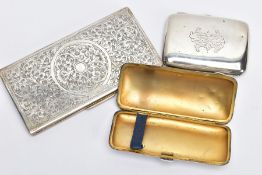 THREE CIGARETTE CASES, to include two early 20th century silver cigarette cases with gilt interiors,