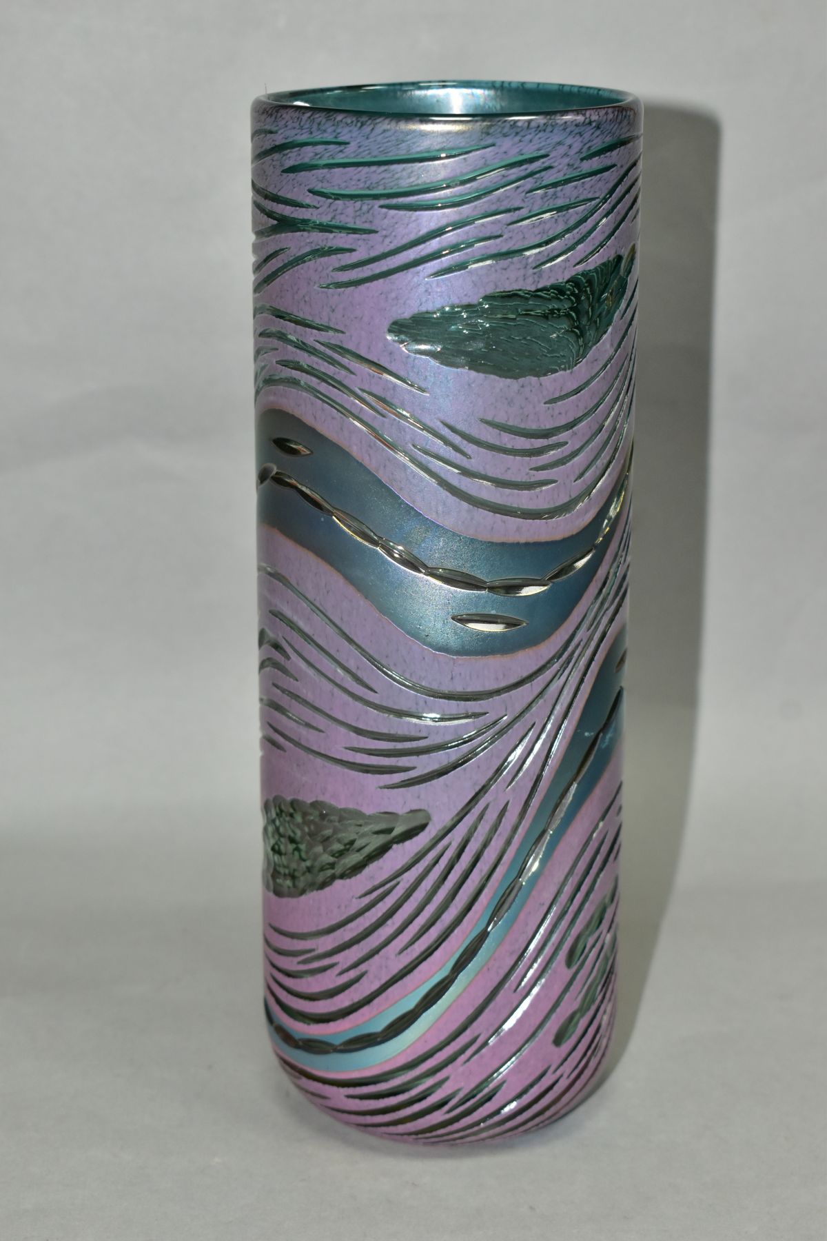 RICHARD GOLDING FOR OKRA GLASS, a cylindrical purple/blue iridescent vase with a textured surface, - Image 3 of 6