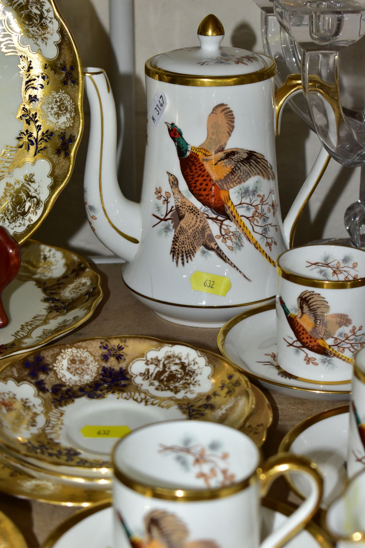 HAMMERSLEY TEA WARES, comprising a pheasant pattern coffee set for six, coffee pot cracked, - Image 6 of 8