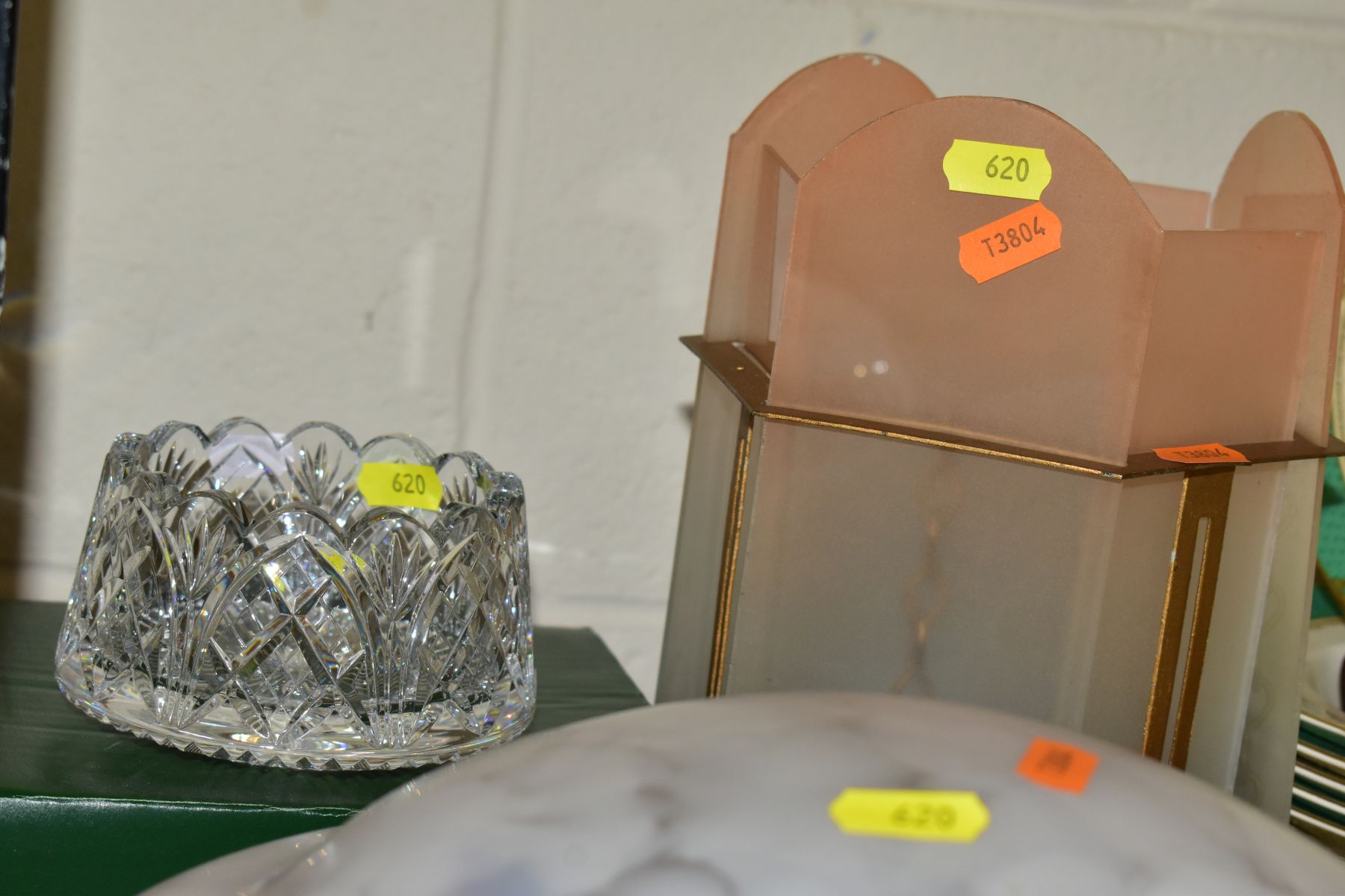A SMALL GROUP OF GLASSWARE, including two glass light shades, three modern paperweights, a modern - Image 5 of 7