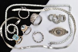 A SELECTION OF SILVER AND WHITE METAL JEWELLERY, to include three rings, a broken late Victorian