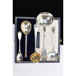 FIVE SILVER SPOONS, to include a 1960's Mappin & Webb silver sauce spoon, an early Victorian