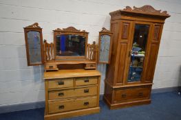 AN EDWARDIAN SATINWOOD TWO PIECE BEDROOM SUITE, comprising a single mirror door wardrobe, width