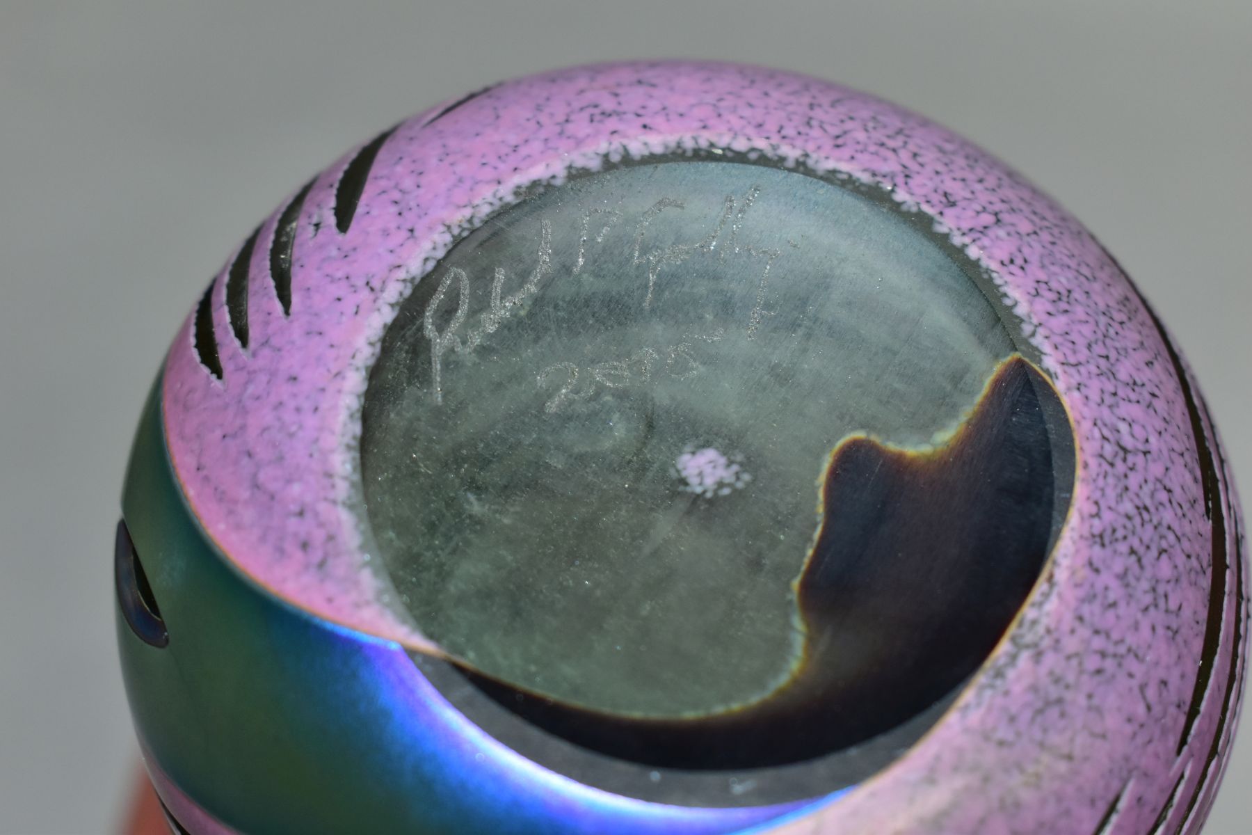 RICHARD GOLDING FOR OKRA GLASS, a cylindrical purple/blue iridescent vase with a textured surface, - Image 6 of 6