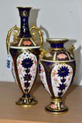 TWO ROYAL CROWN DERBY IMARI TWIN HANDLED VASES, the taller of baluster form with elongated neck,