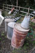 TWO GALVANISED DUSTBINS, a galvanised Milk Jug 42cm high and stamped BR(M) and a large oil drum