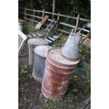 TWO GALVANISED DUSTBINS, a galvanised Milk Jug 42cm high and stamped BR(M) and a large oil drum