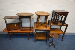 A QUANTITY OF OCCASIONAL FURNITURE, to include three oak occasional tables, oak tea trolley,