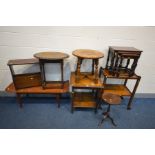 A QUANTITY OF OCCASIONAL FURNITURE, to include three oak occasional tables, oak tea trolley,