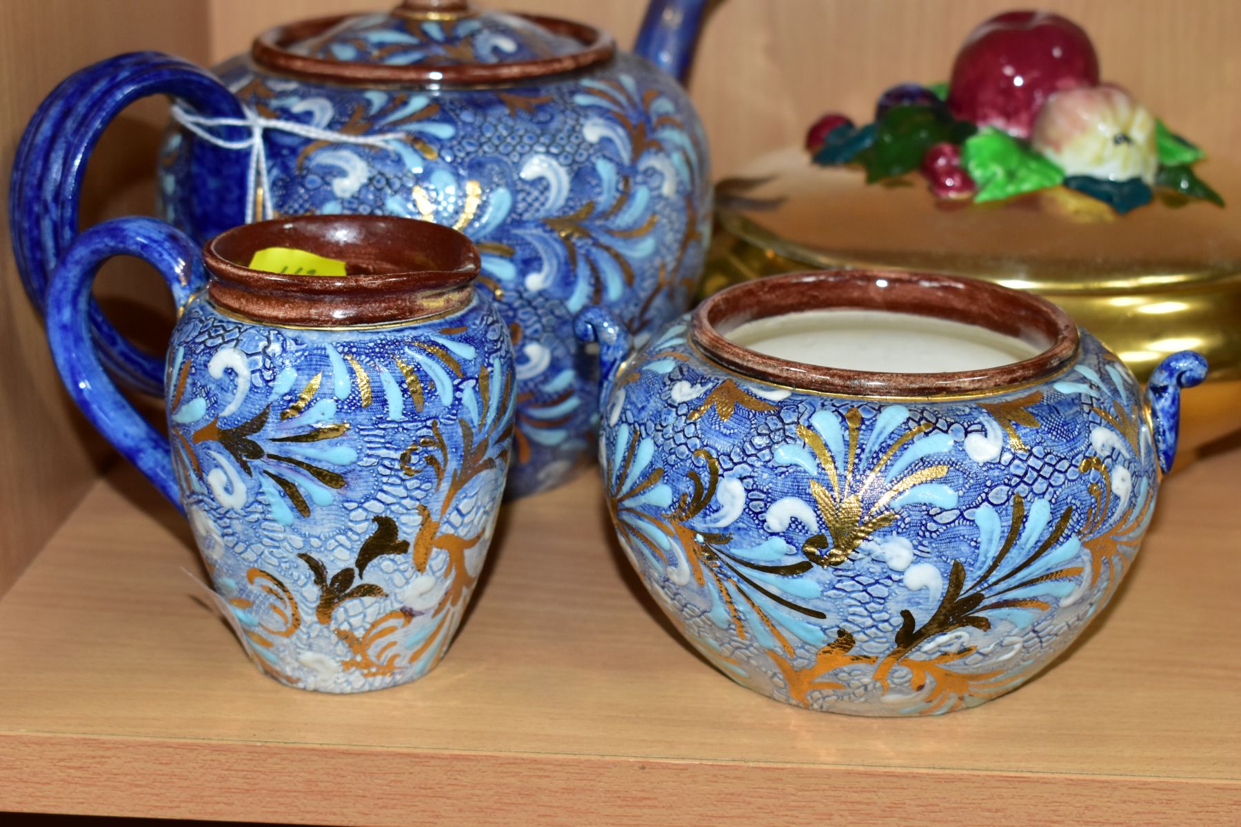 A THREE PIECE DOULTON LAMBETH SLATERS PATENT TEA SERVICE, gilt and blue decoration on blue ground, - Image 2 of 6