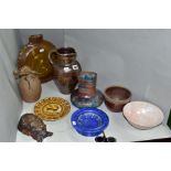 A GROUP OF DECORATIVE POTTERY, comprising a Bladon Pottery Dragon and egg sculpture, Jaffe Rose