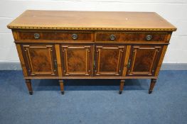 AN EDWARDIAN MAHOGANY, INLAID AND CROSSBANDED SIDEBOARD, two long drawers, one cutlery drawer with