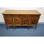 AN EDWARDIAN MAHOGANY, INLAID AND CROSSBANDED SIDEBOARD, two long drawers, one cutlery drawer with