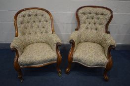 TWO VICTORIAN MAHOGANY ARMCHAIRS, floral upholstery, with scrolled and cabriole armrests (2)