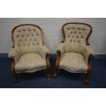 TWO VICTORIAN MAHOGANY ARMCHAIRS, floral upholstery, with scrolled and cabriole armrests (2)