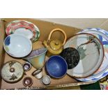 A BOX OF ASSORTED MODERN STONEWARE, AND STUDIO POTTERY, ETC, including a preserve pot and cover by