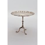 A SILVER MINIATURE TRIPOD TABLE, hallmarked Goldsmiths & Silversmiths Sheffield 1908, diameter