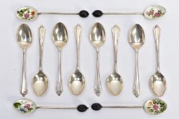 A SET OF EIGHT SILVER COFFEE SPOONS AND A SET OF FOUR ENAMEL BOWL SILVER COFFEE SPOONS, the set of