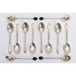 A SET OF EIGHT SILVER COFFEE SPOONS AND A SET OF FOUR ENAMEL BOWL SILVER COFFEE SPOONS, the set of