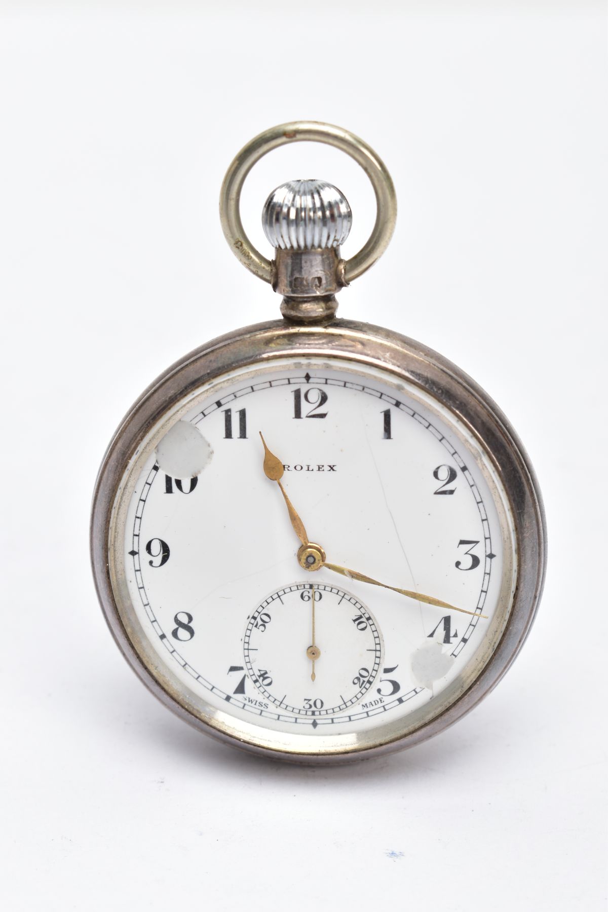 A STERLING SILVER OPEN FACED POCKETWATCH, white dial signed Rolex with Arabic numerals, subsidiary