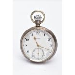 A STERLING SILVER OPEN FACED POCKETWATCH, white dial signed Rolex with Arabic numerals, subsidiary