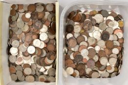 A PLASTIC TUB OF LATE 20TH CENTURY PRE AND DECIMAL COINS plus a box of the same (2)