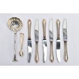 A SELECTION OF CUTLERY, to include a George III silver sauce ladle with shell bowl and scroll