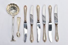 A SELECTION OF CUTLERY, to include a George III silver sauce ladle with shell bowl and scroll