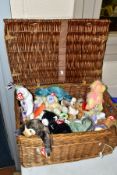 A WICKER BASKET CONTAINING A COLLECTION OF TY BEANIE BABIES, majority complete with tag and label