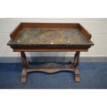 A VICTORIAN SCUMBLED PINE WASHSTAND, with a marbleized top, single frieze drawer, twin supports